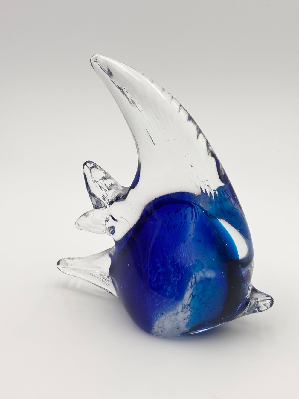 Fish Figurine Paperweight Hand Blown Art Glass Clear Blue Murano Style